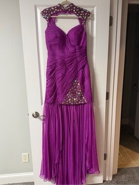 Cassandra Stone by Mac DuggalBeaded Halter Prom Gown